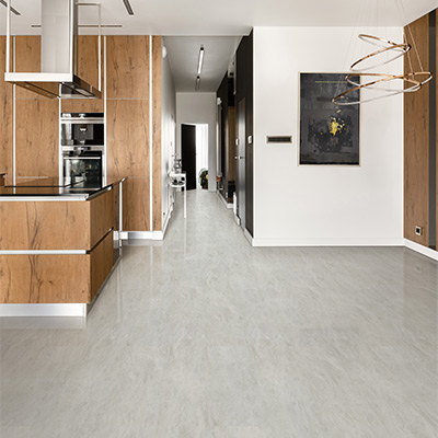 luxury vinyl tile flooring in kitchen with midcentury modern decor
