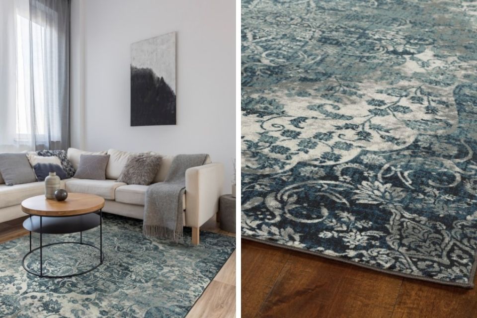 Traditional blue and silver area rug in living room design